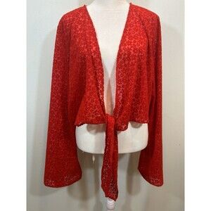 Wild Fable Red Chiffon Floral Blouse Women Long Bell Sleeve, Tie-Front, Size 1X